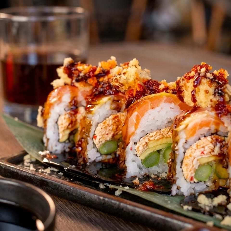 Sushi rolls with salmon, avocado, and sauce on a dark plate with a drink.