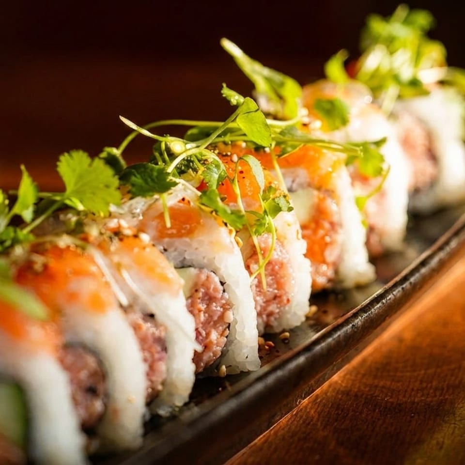A close-up of a sushi roll with salmon, rice, and cilantro on a dark plate.