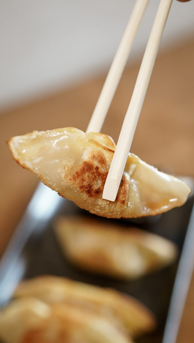 Close-up of chopsticks holding a golden fried gyoza, with other dumplings in the background.