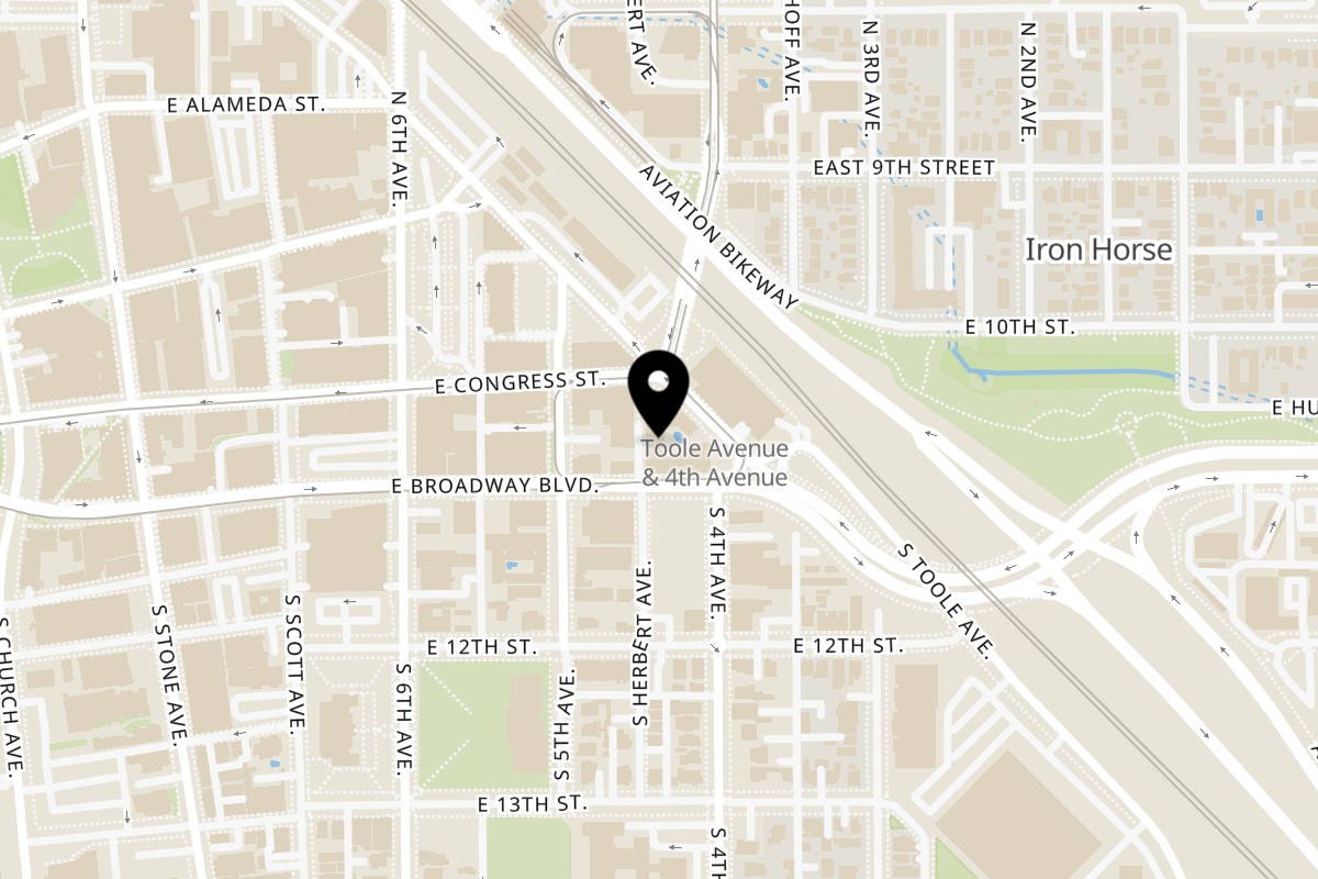 Map showing the location of Obon Sushi Bar Ramen Tucson on 350 E Congress St #120 in Tucson