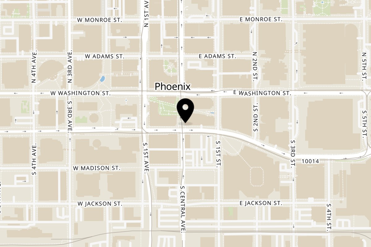 Map showing the location of Obon Sushi Bar Ramen Phoenix on 2 E Jefferson St Ste 108 in Phoenix